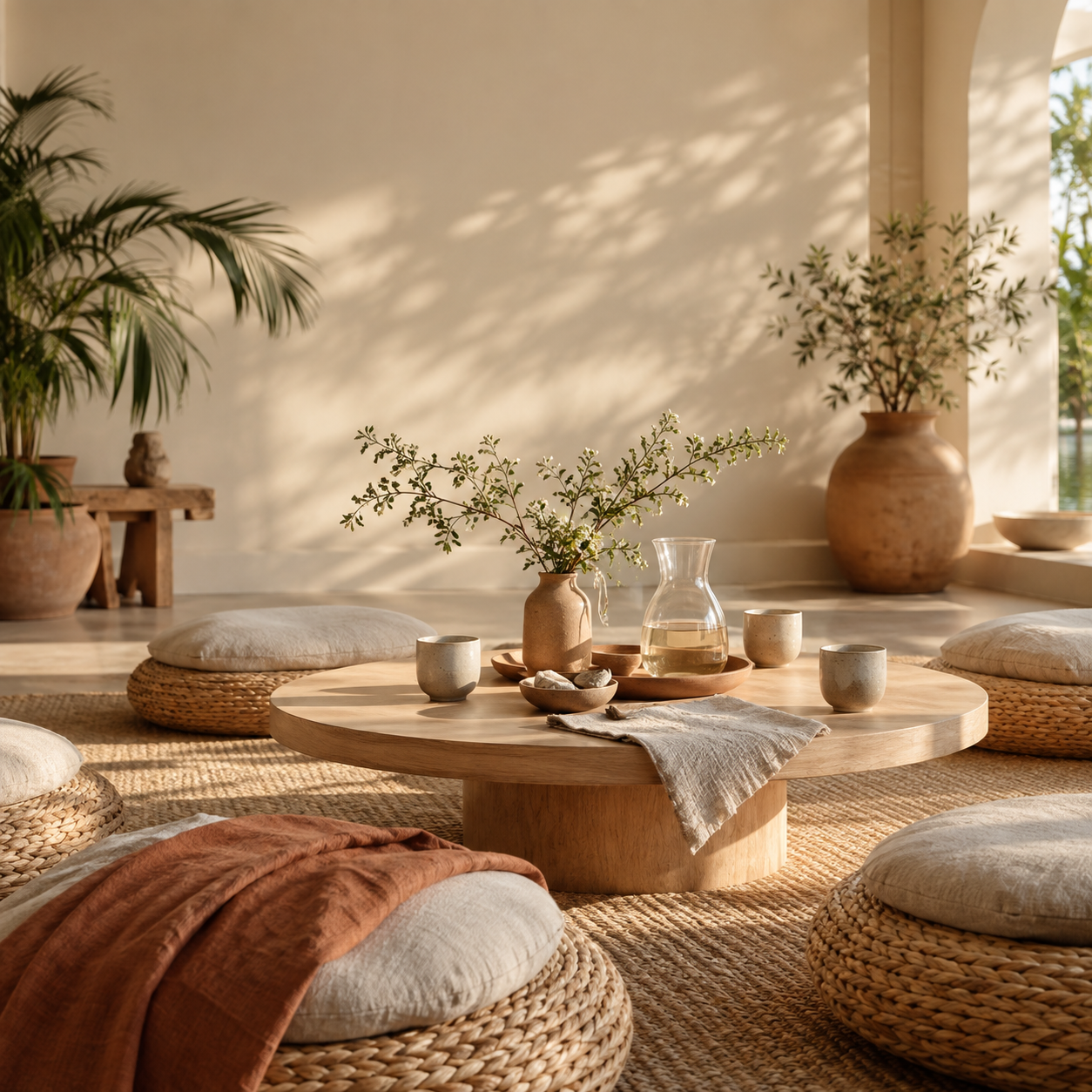 Gathering-inspired setting with woven cushions, tea and warm natural light